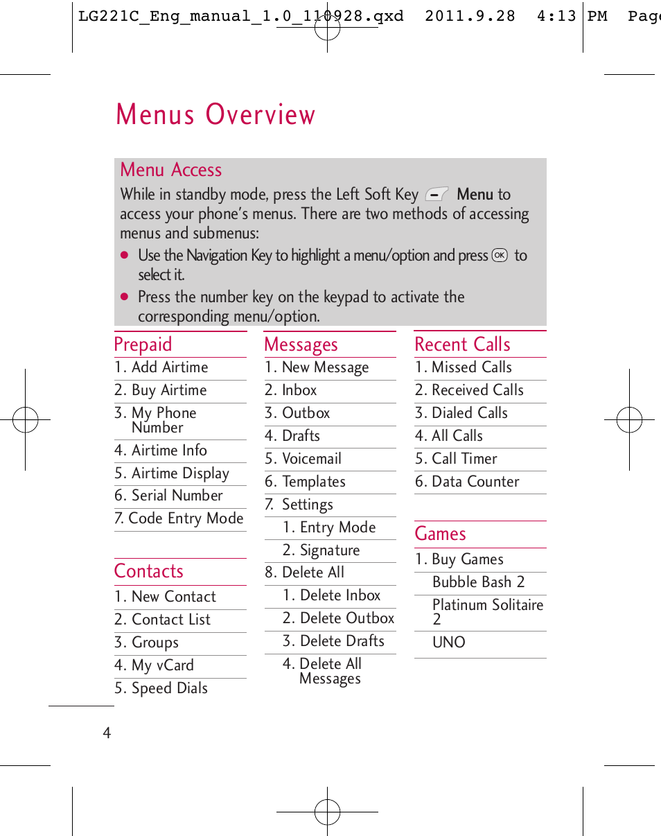Menus overview, Prepaid, Contacts | Messages, Recent calls, Games, Menu access | LG LG221C User Manual | Page 6 / 210