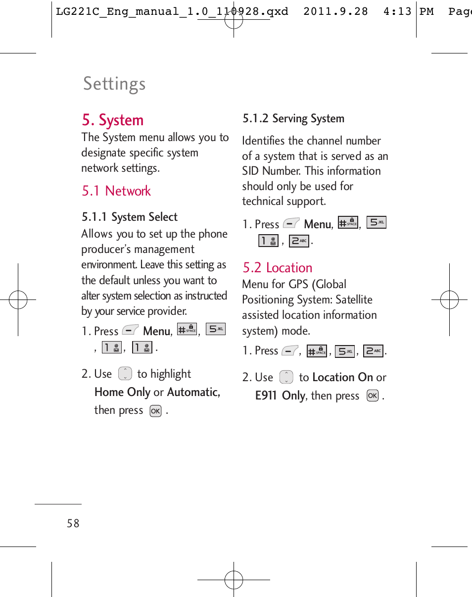 Settings, System, 1 network | 2 location | LG LG221C User Manual | Page 60 / 210