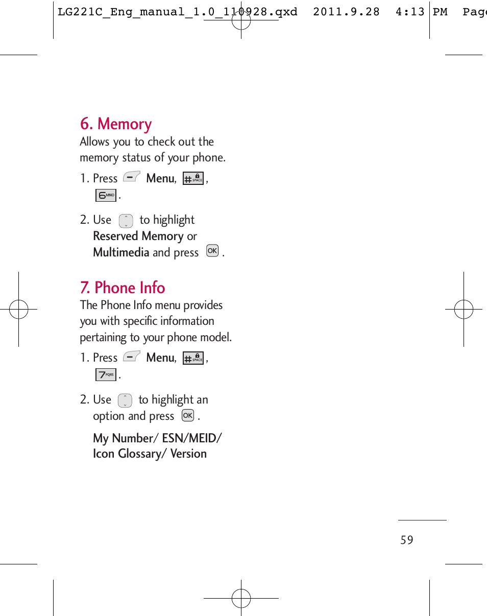 Phone info | LG LG221C User Manual | Page 61 / 210