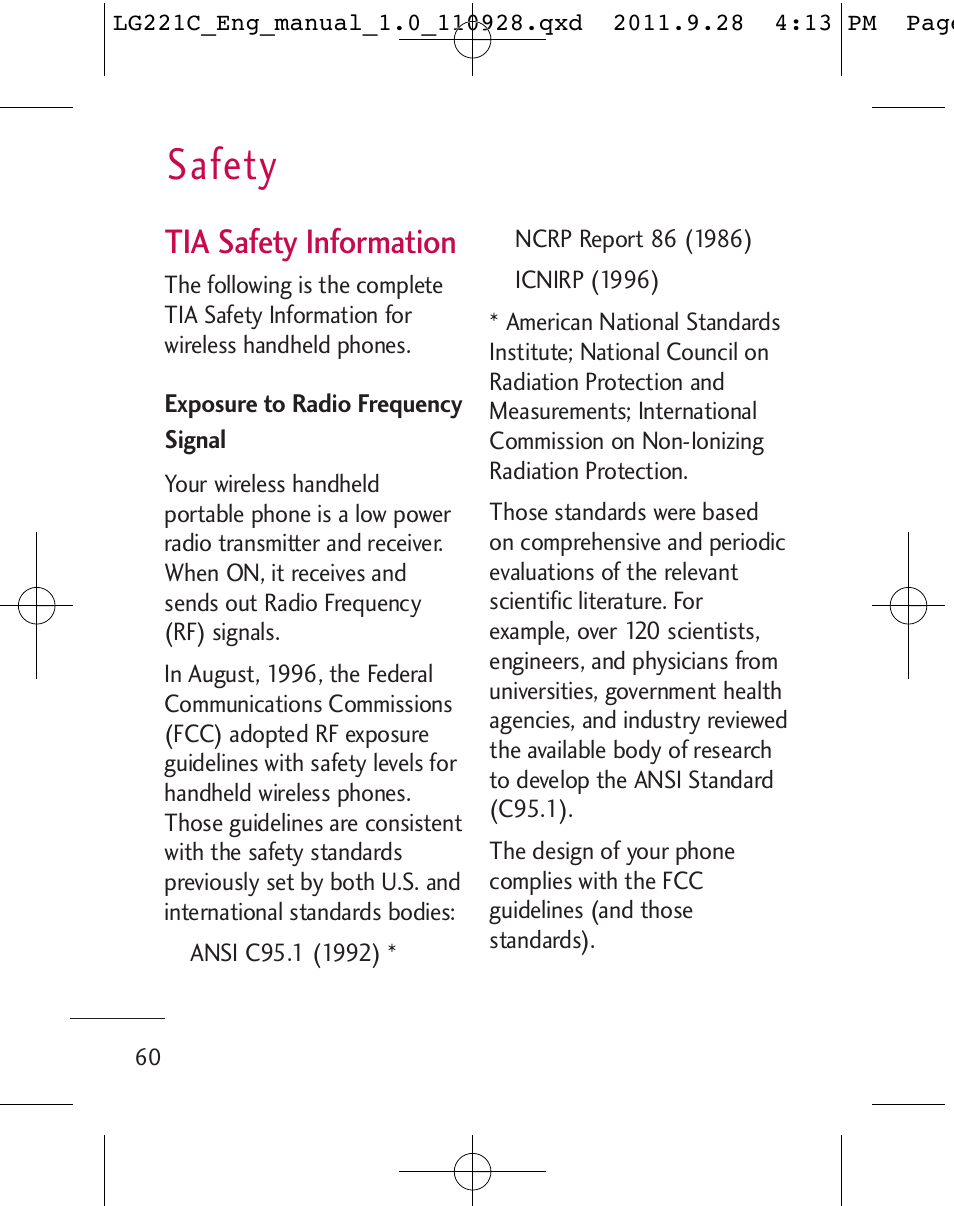 Safety, Tia safety information | LG LG221C User Manual | Page 62 / 210