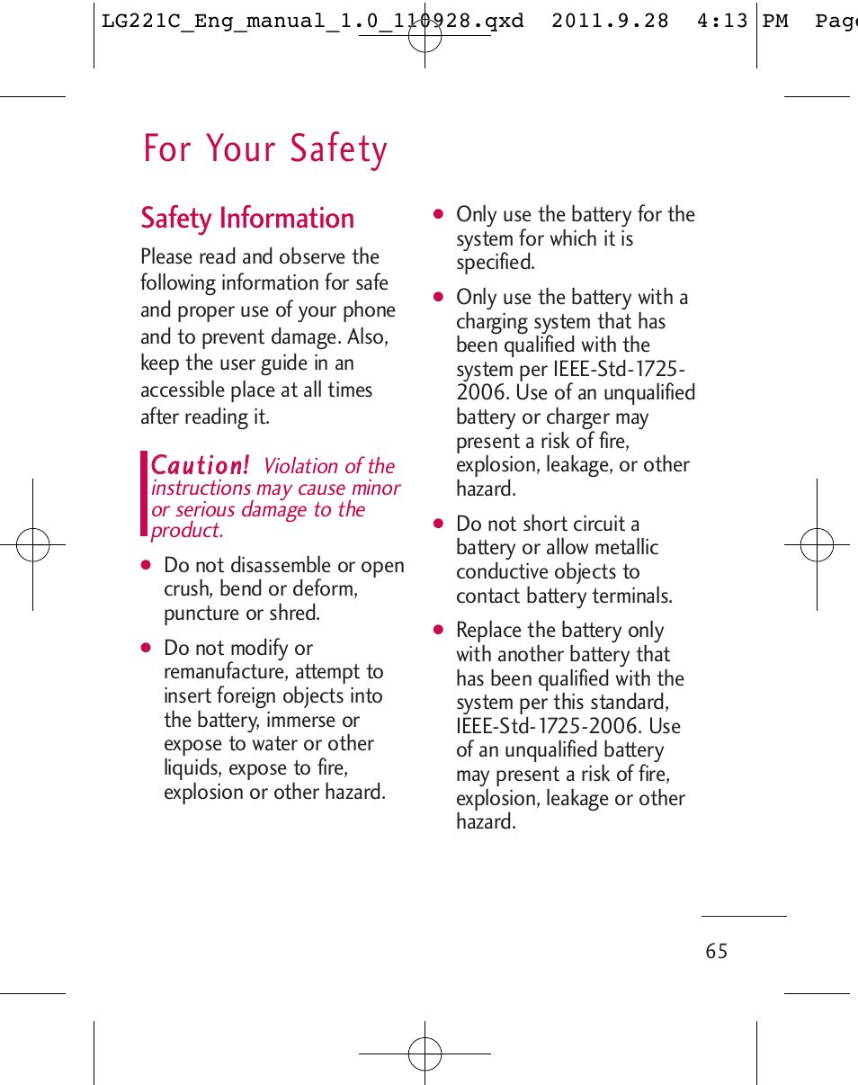 For your safety, Safety information, Ccaauuttiioonn | LG LG221C User Manual | Page 67 / 210