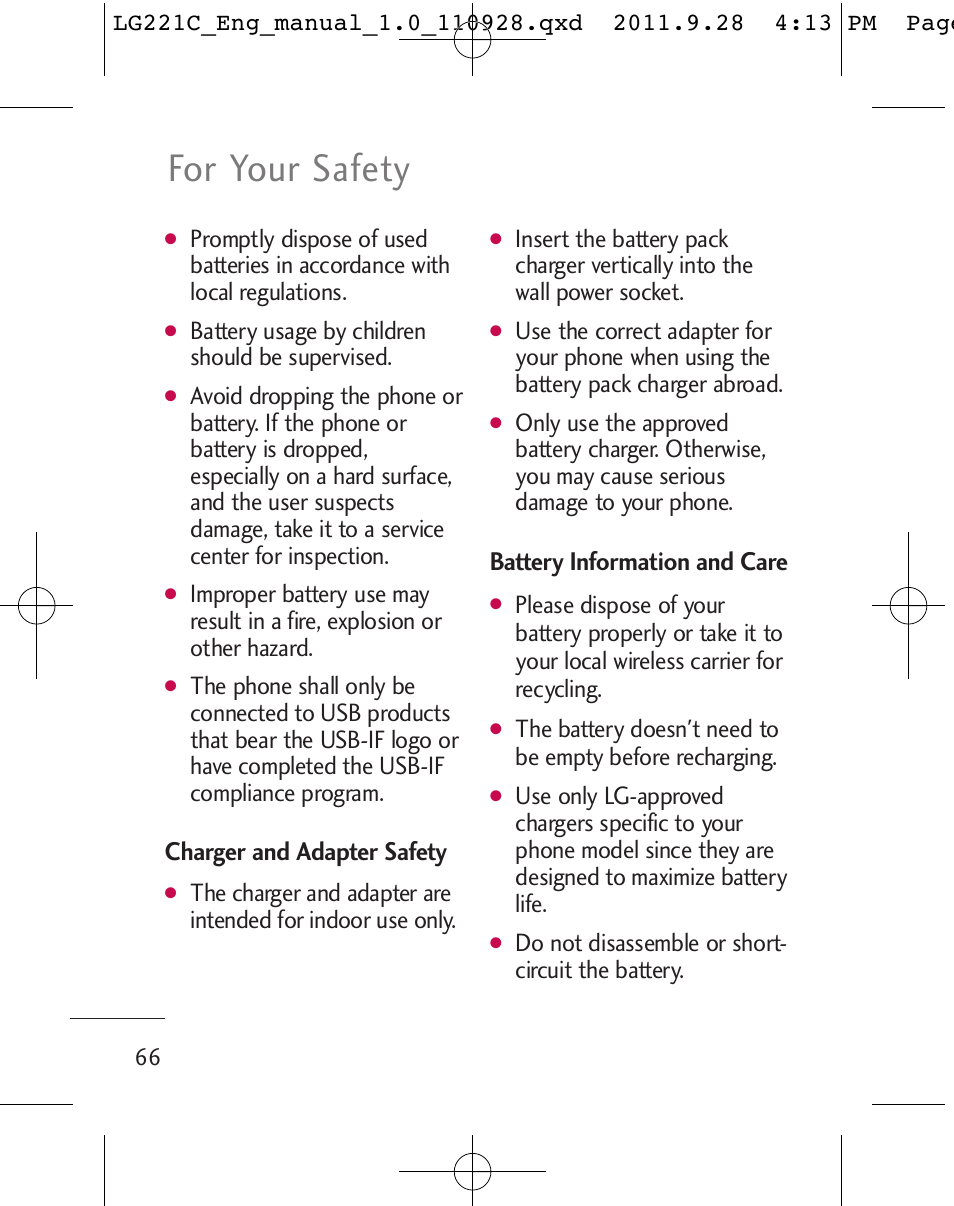 For your safety, Charger and adapter safety, Battery information and care | Battery usage by children should be supervised, Do not disassemble or short- circuit the battery | LG LG221C User Manual | Page 68 / 210