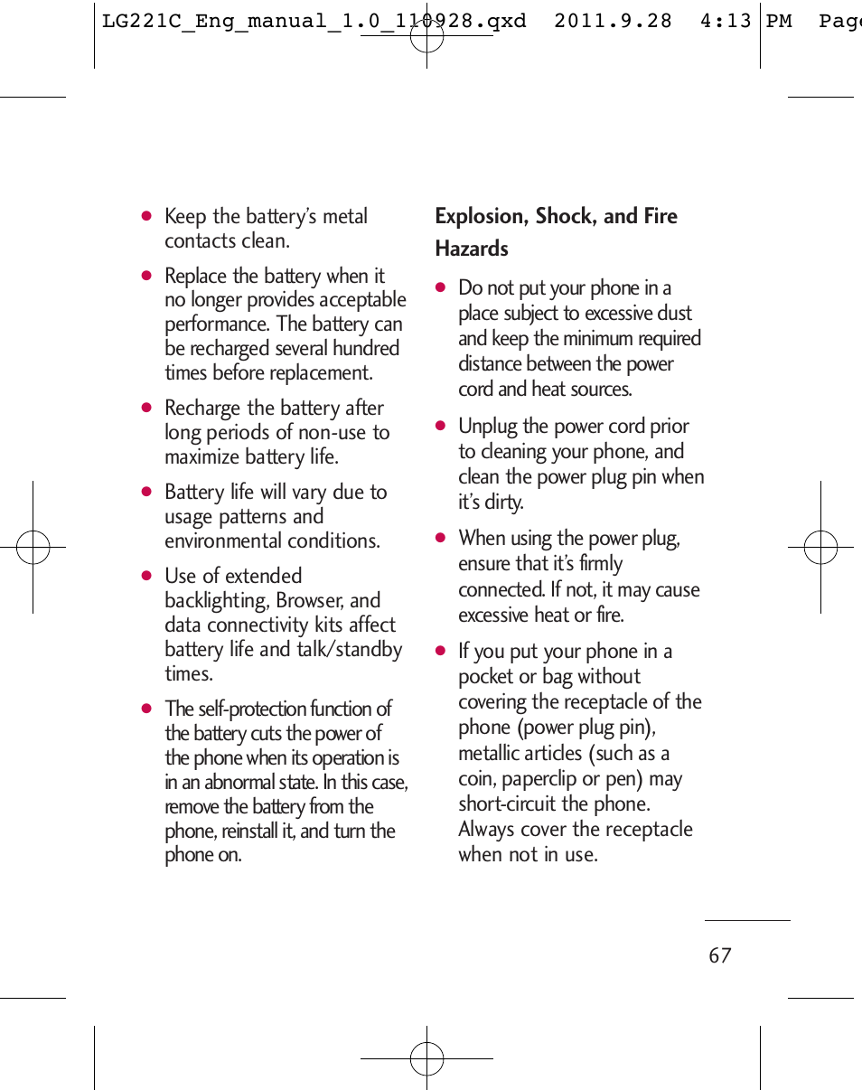 Explosion, shock, and fire hazards, Keep the battery’s metal contacts clean | LG LG221C User Manual | Page 69 / 210