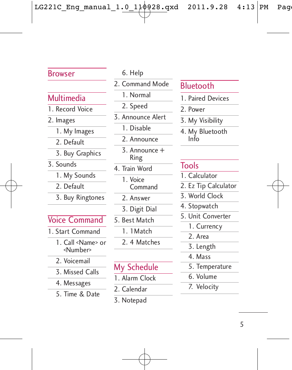 Browser multimedia, Voice command, My schedule | Bluetooth, Tools | LG LG221C User Manual | Page 7 / 210