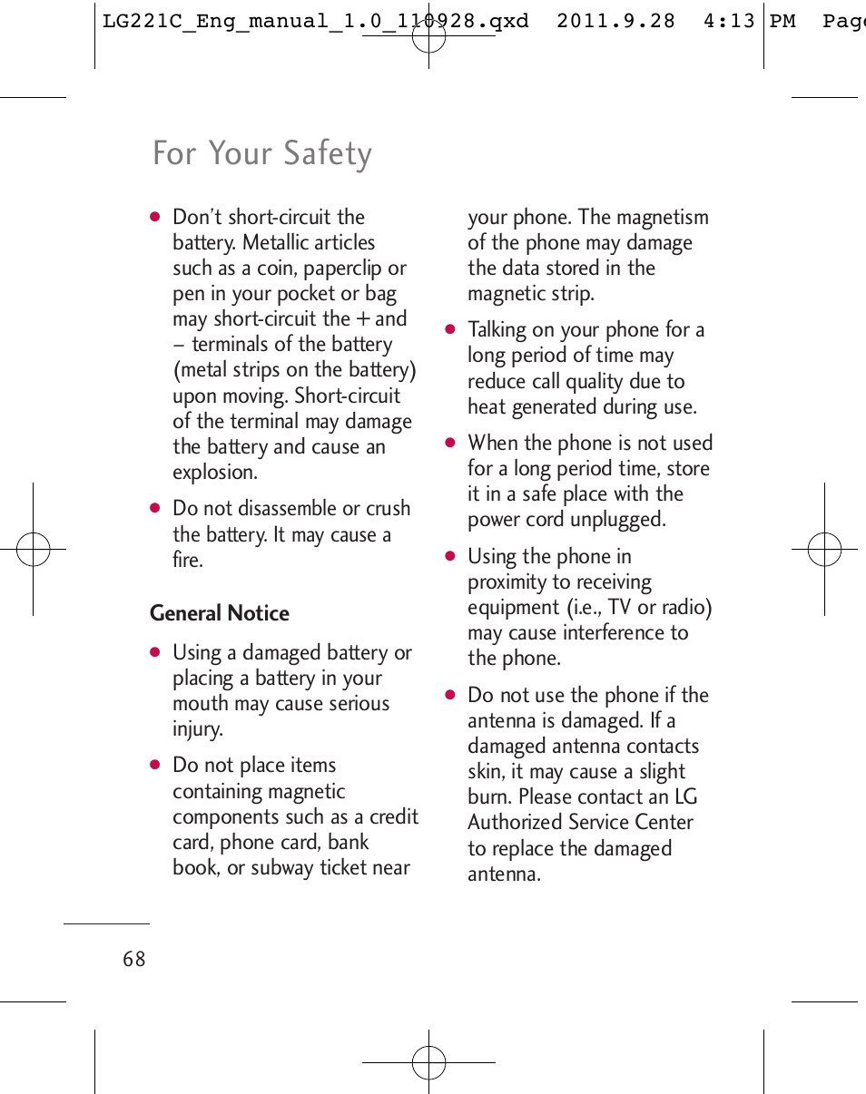 For your safety, General notice | LG LG221C User Manual | Page 70 / 210