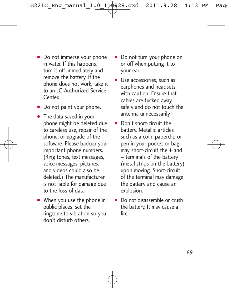 Do not paint your phone | LG LG221C User Manual | Page 71 / 210