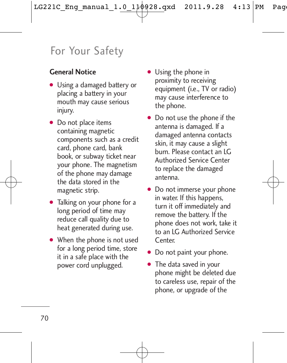 For your safety, General notice, Do not paint your phone | LG LG221C User Manual | Page 72 / 210