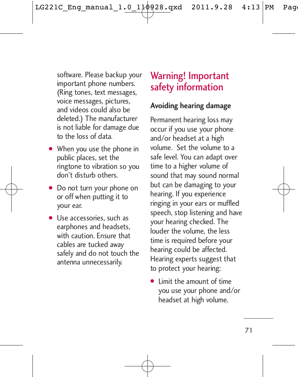 Warning! important safety information | LG LG221C User Manual | Page 73 / 210