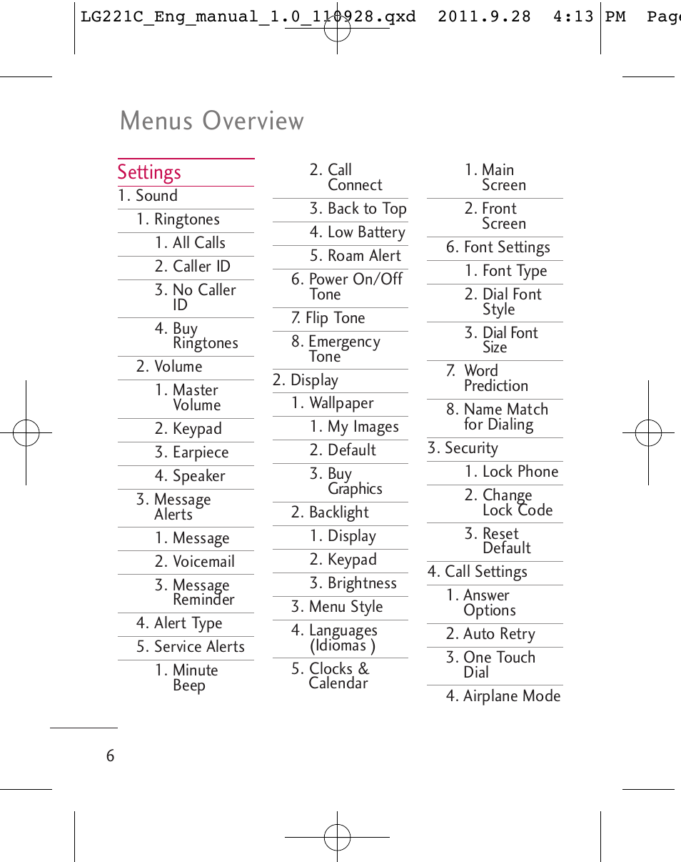 Menus overview, Settings | LG LG221C User Manual | Page 8 / 210