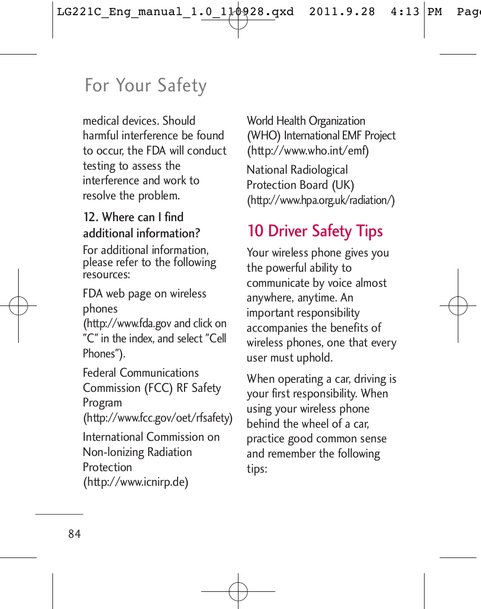 For your safety, 10 driver safety tips | LG LG221C User Manual | Page 86 / 210