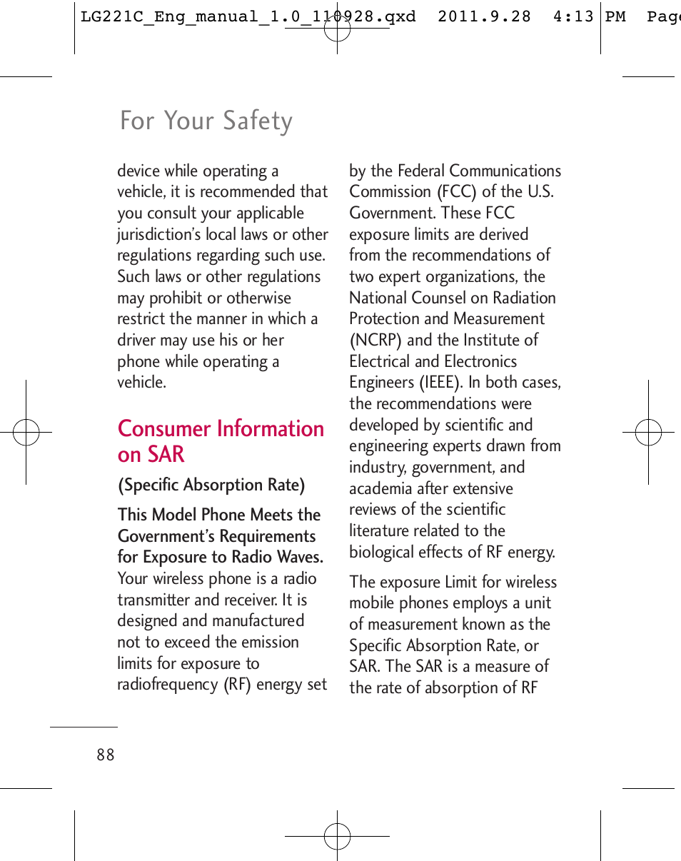 For your safety, Consumer information on sar | LG LG221C User Manual | Page 90 / 210