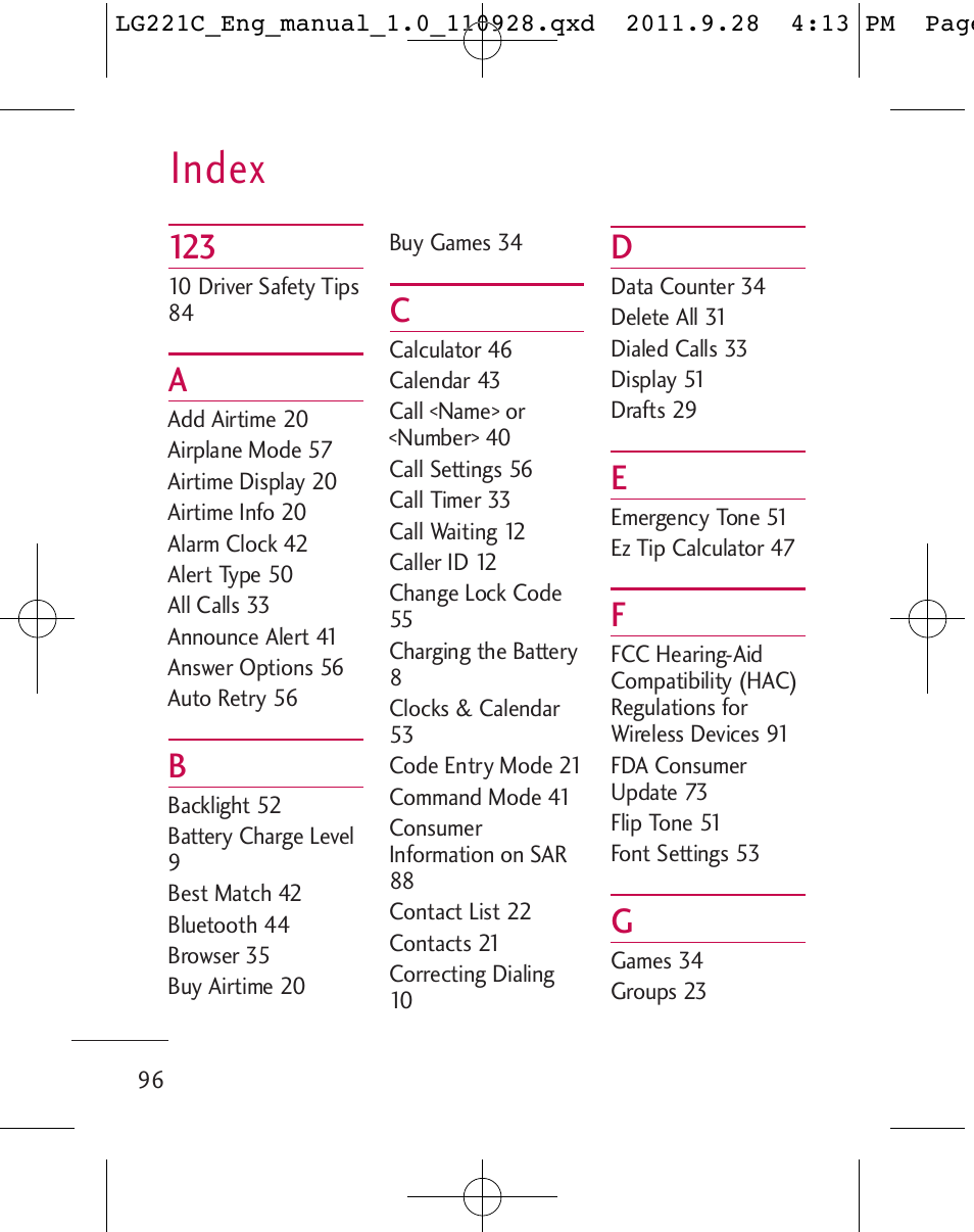 Index | LG LG221C User Manual | Page 98 / 210