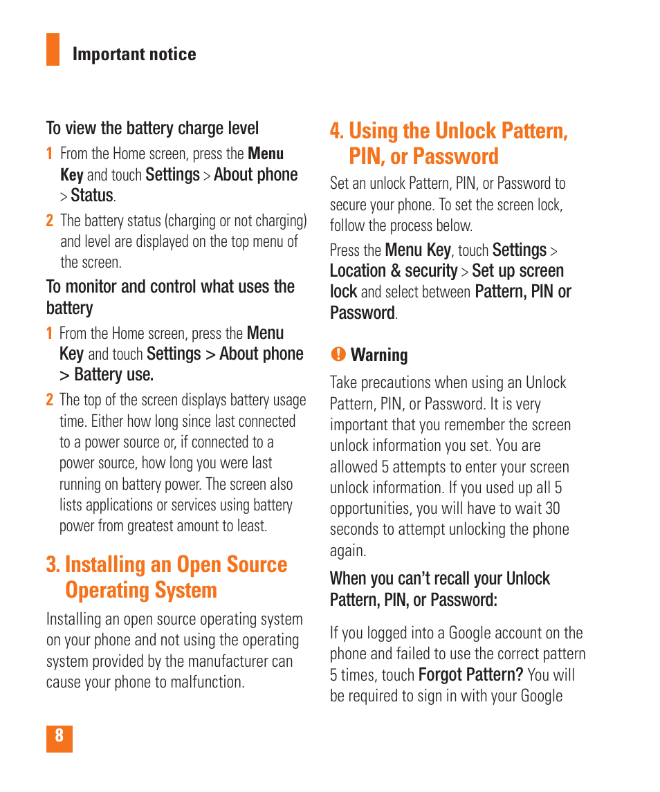 Installing an open source operating system, Using the unlock pattern, pin, or password | LG LGP505 User Manual | Page 10 / 198