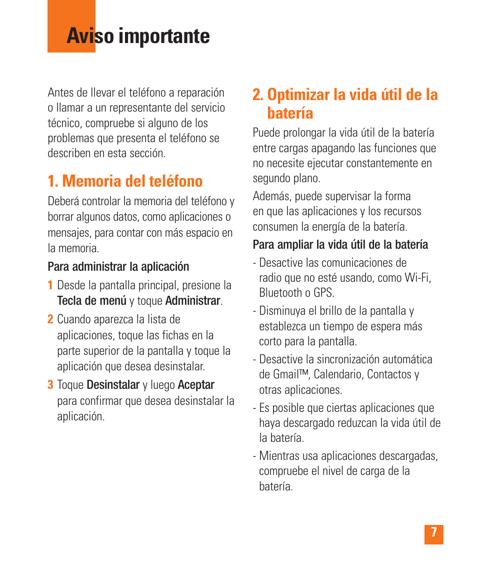 Aviso importante, Optimizar la vida útil de la batería | LG LGP505 User Manual | Page 105 / 198