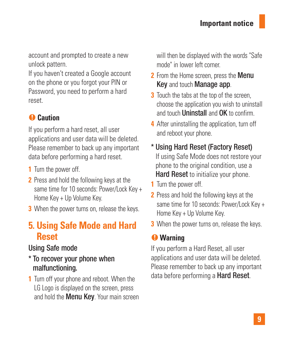 Using safe mode and hard reset | LG LGP505 User Manual | Page 11 / 198
