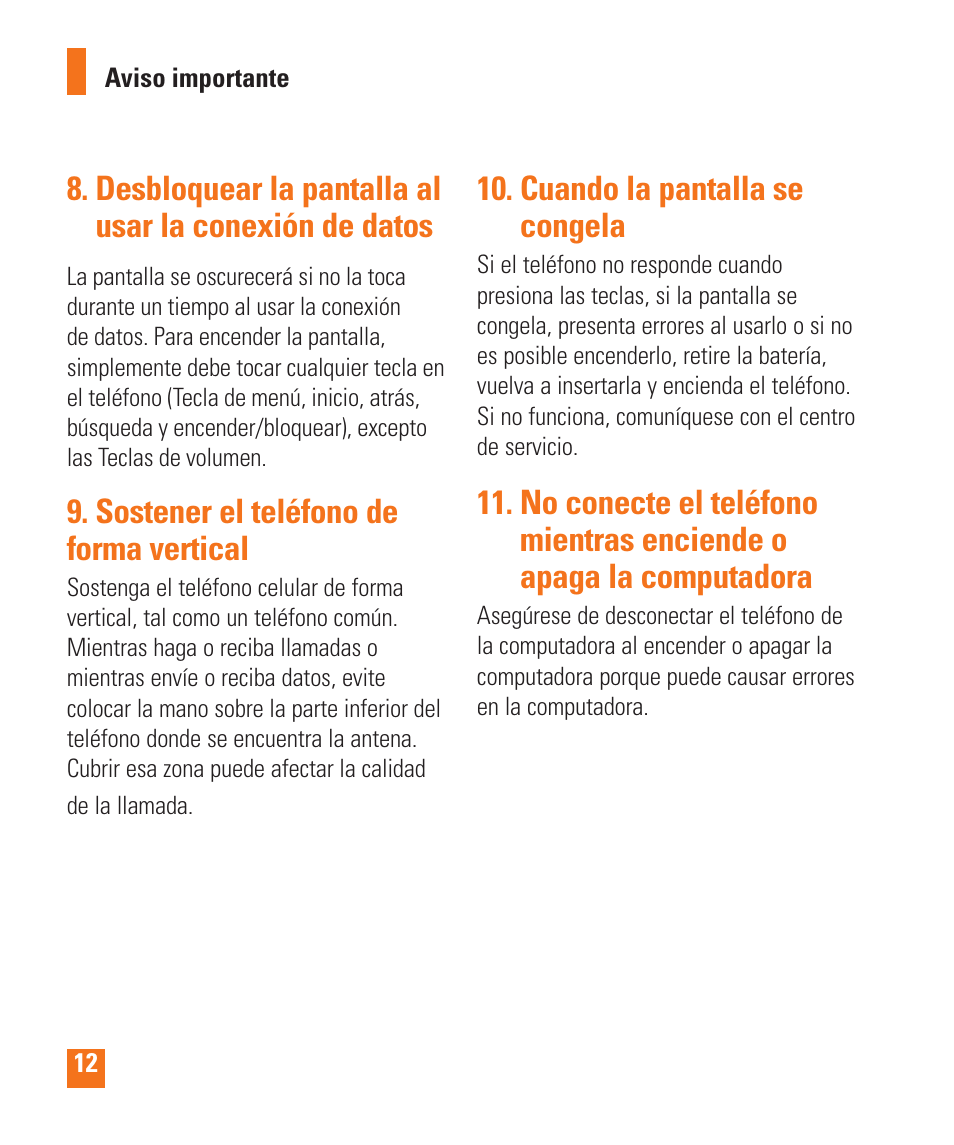 Sostener el teléfono de forma vertical, Cuando la pantalla se congela | LG LGP505 User Manual | Page 110 / 198