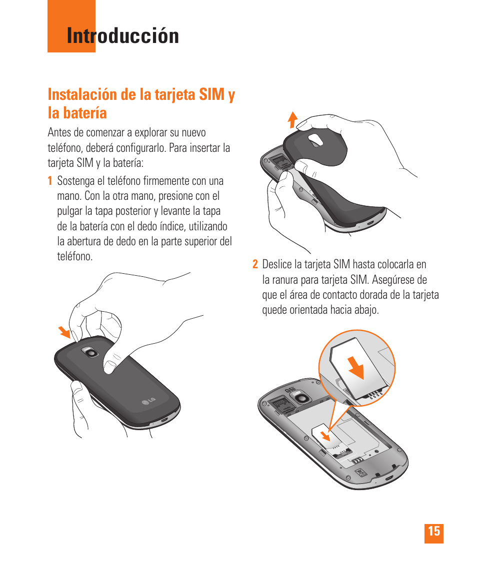 Introducción, Instalación de la tarjeta sim y la batería | LG LGP505 User Manual | Page 113 / 198