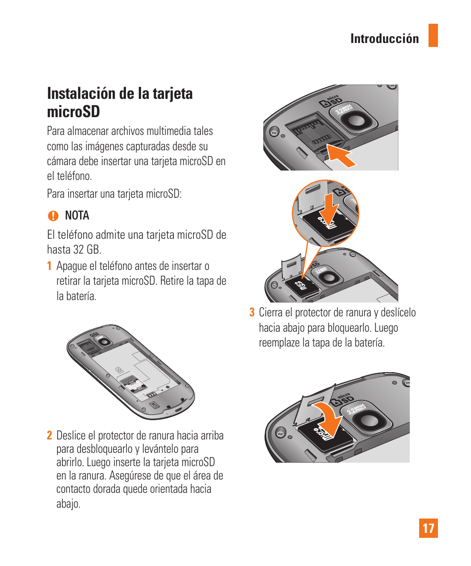 Instalación de la tarjeta microsd | LG LGP505 User Manual | Page 115 / 198