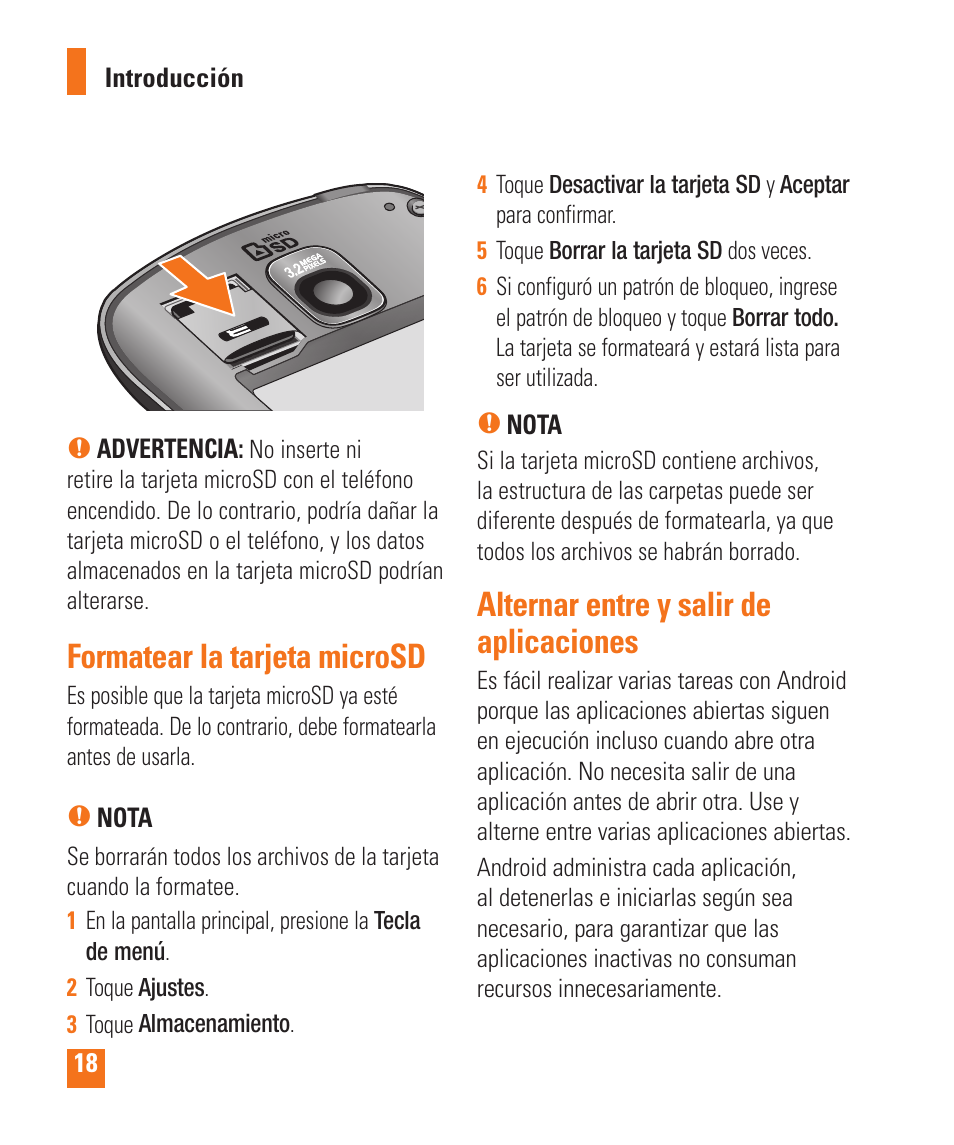 Formatear la tarjeta microsd, Alternar entre y salir de aplicaciones | LG LGP505 User Manual | Page 116 / 198