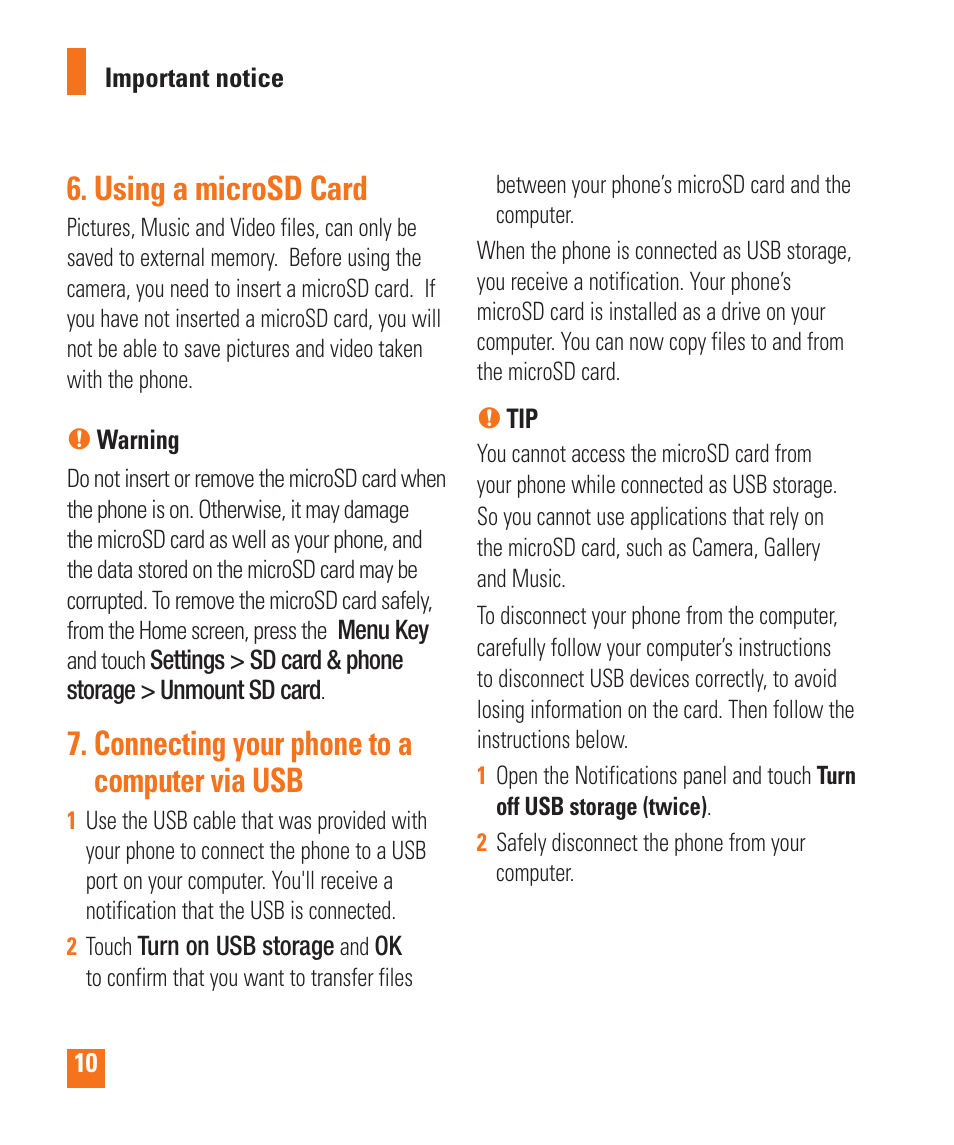 Using a microsd card, Connecting your phone to a computer via usb | LG LGP505 User Manual | Page 12 / 198