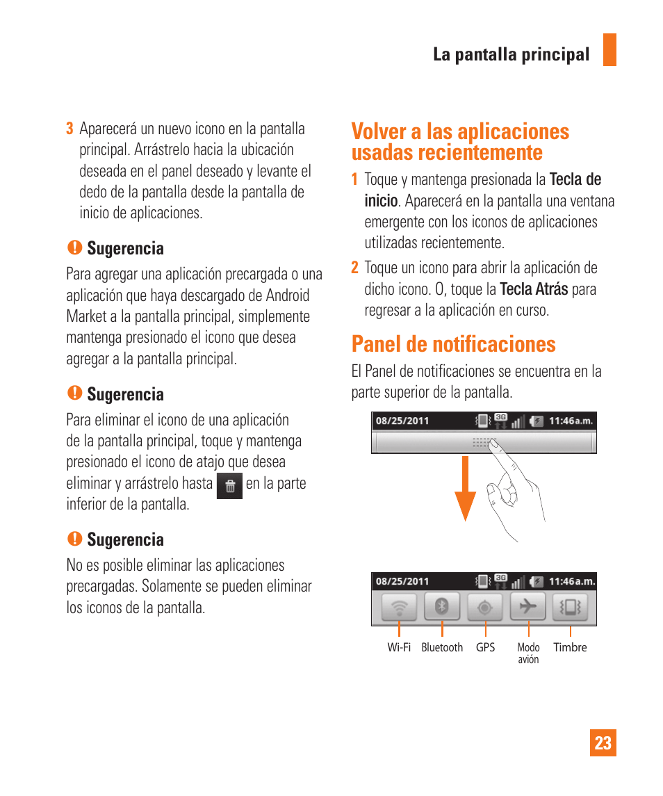 Volver a las aplicaciones usadas recientemente, Panel de notificaciones | LG LGP505 User Manual | Page 121 / 198