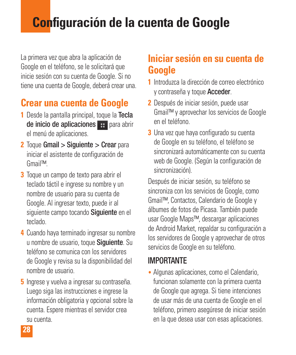 Configuración de la cuenta de google, Crear una cuenta de google, Iniciar sesión en su cuenta de google | LG LGP505 User Manual | Page 126 / 198