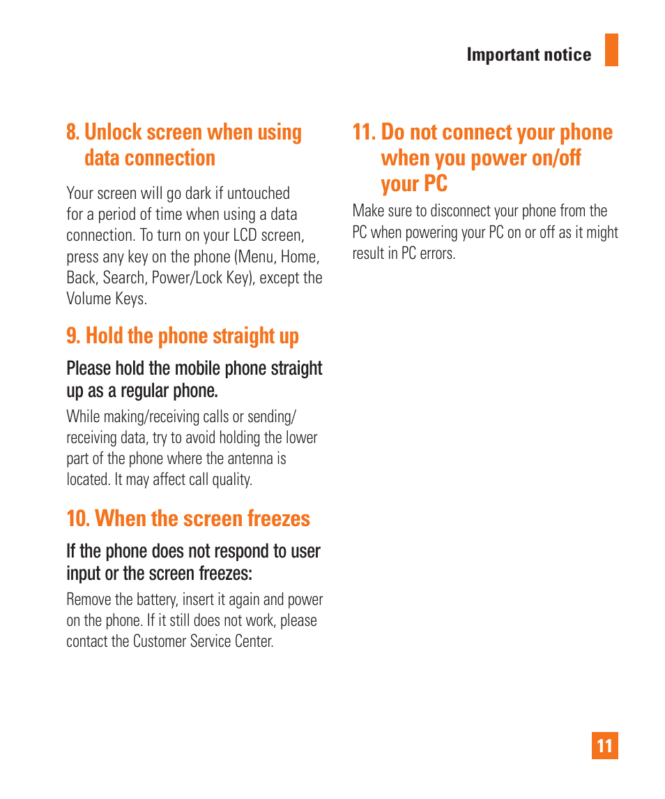 Unlock screen when using data connection, Hold the phone straight up, When the screen freezes | LG LGP505 User Manual | Page 13 / 198