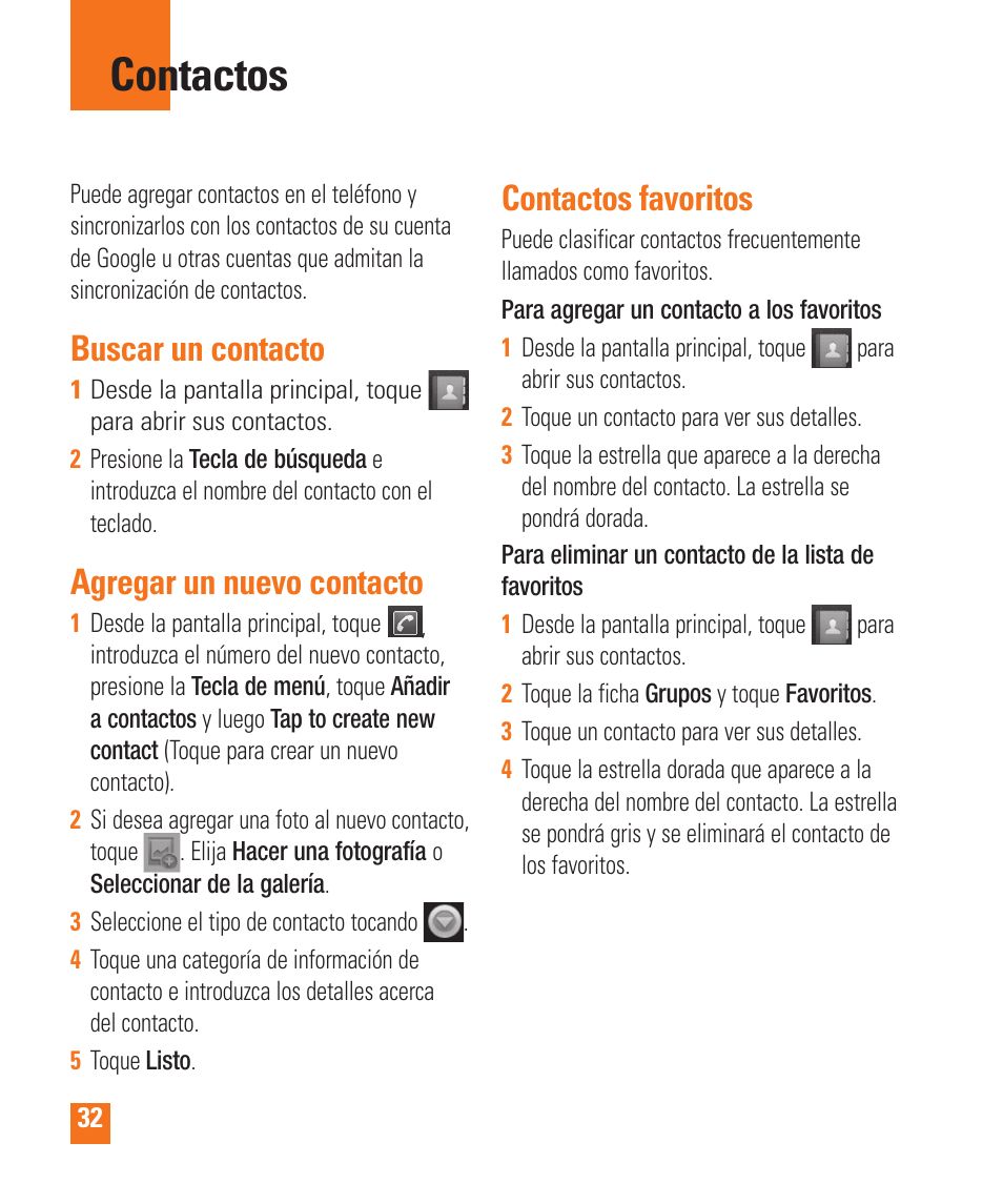 Contactos, Buscar un contacto, Agregar un nuevo contacto | Contactos favoritos | LG LGP505 User Manual | Page 130 / 198