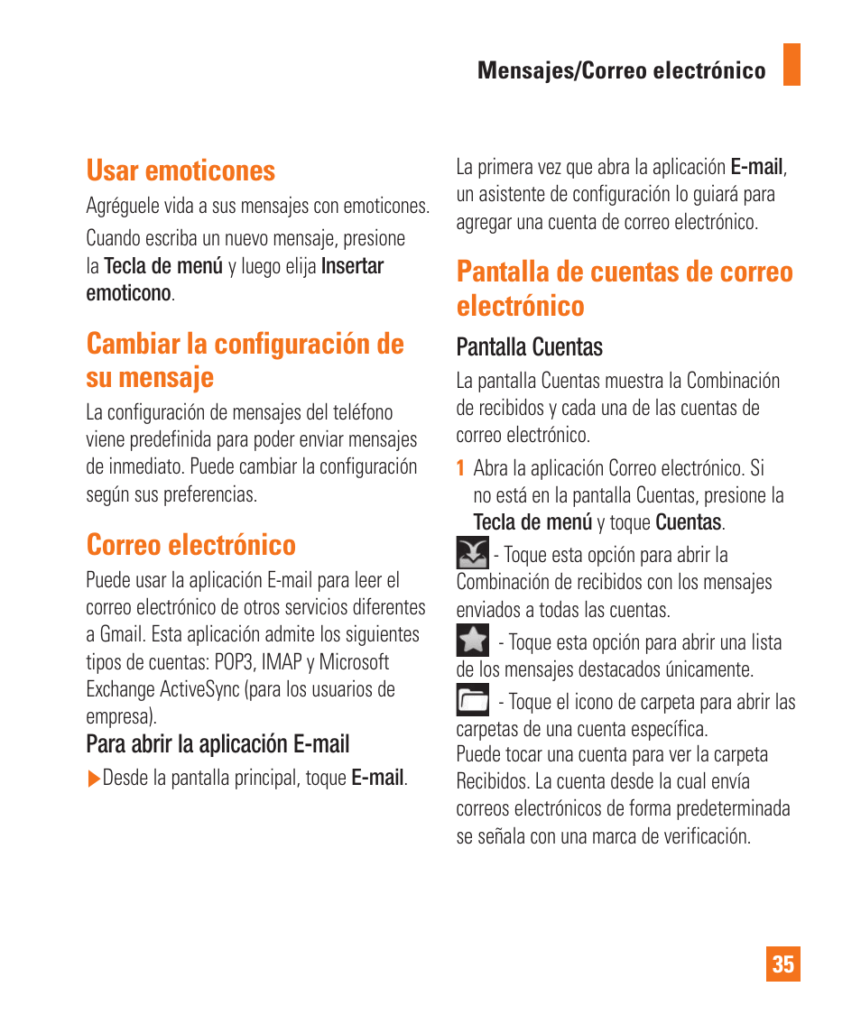 Usar emoticones, Cambiar la configuración de su mensaje, Correo electrónico | Pantalla de cuentas de correo electrónico | LG LGP505 User Manual | Page 133 / 198