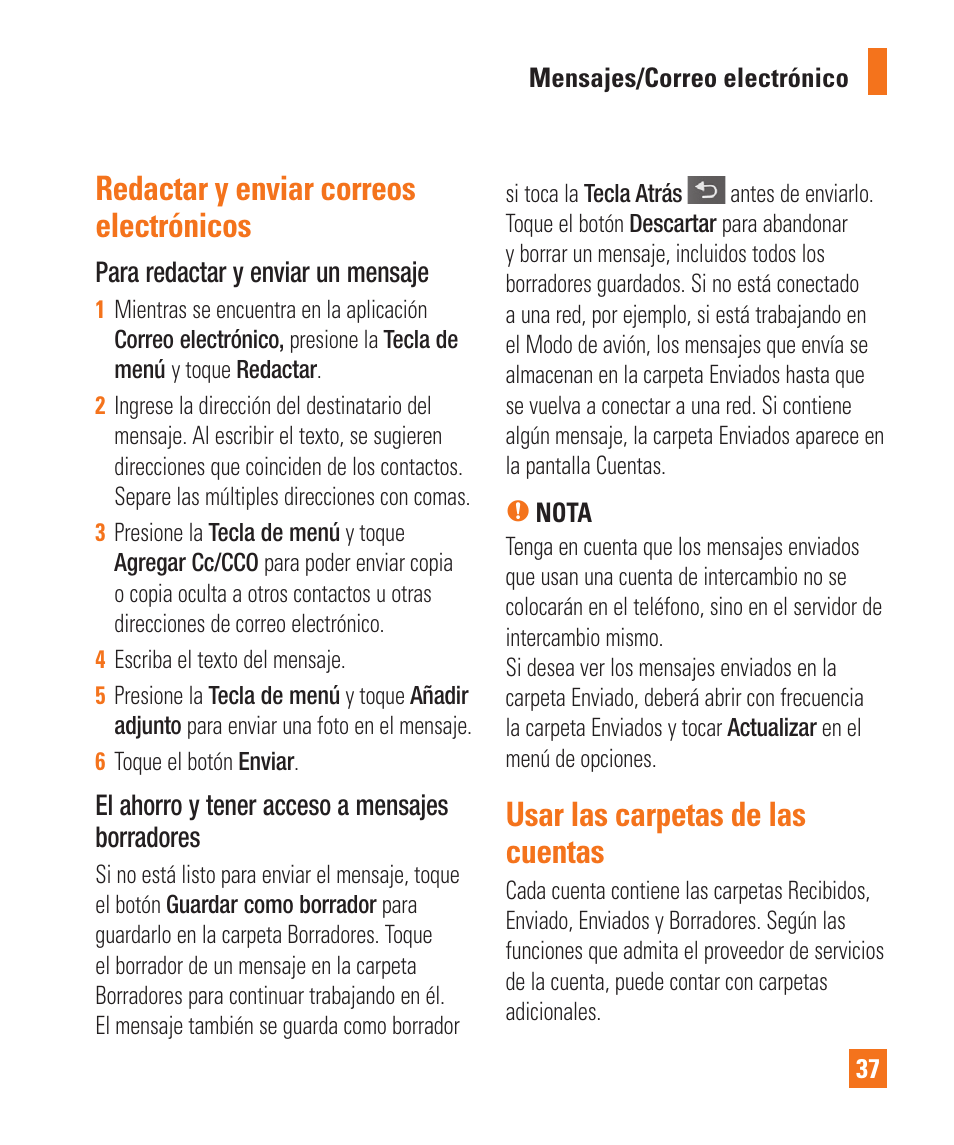 Redactar y enviar correos electrónicos, Usar las carpetas de las cuentas | LG LGP505 User Manual | Page 135 / 198