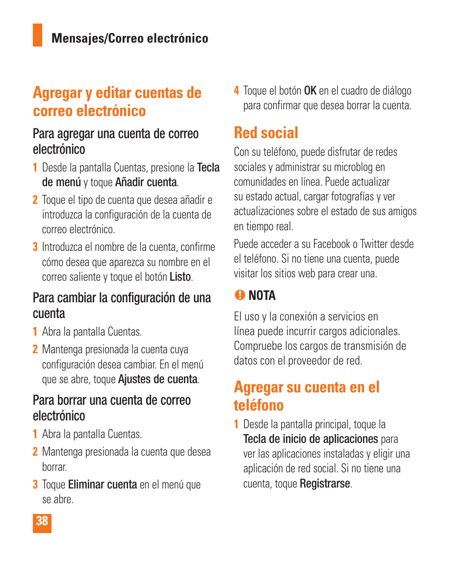 Agregar y editar cuentas de correo electrónico, Red social, Agregar su cuenta en el teléfono | LG LGP505 User Manual | Page 136 / 198