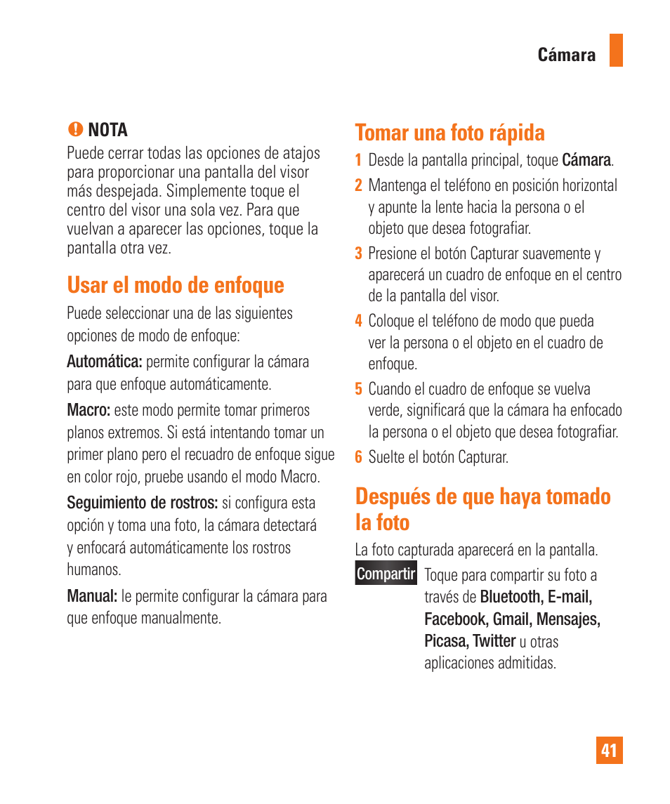 Usar el modo de enfoque, Tomar una foto rápida, Después de que haya tomado la foto | LG LGP505 User Manual | Page 139 / 198