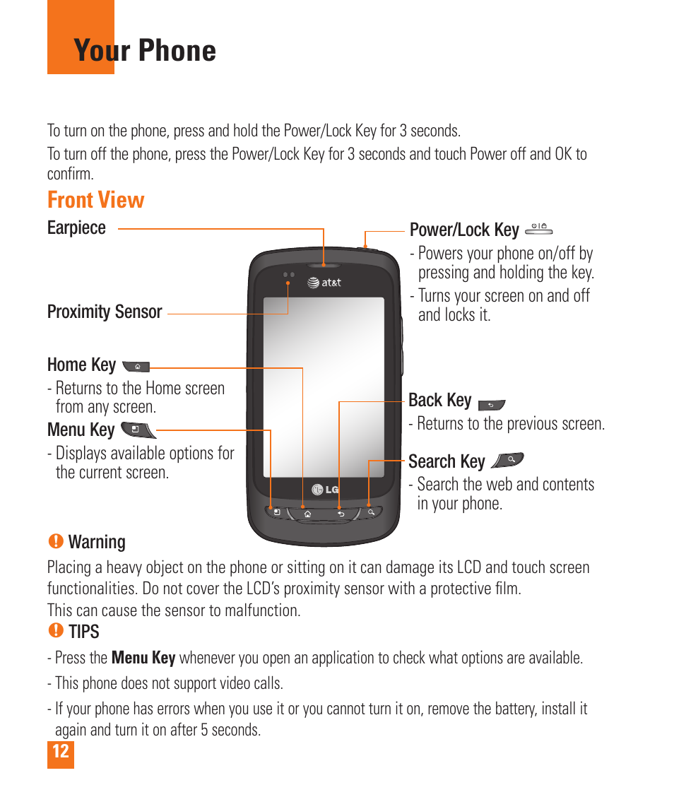 Your phone, Front view | LG LGP505 User Manual | Page 14 / 198