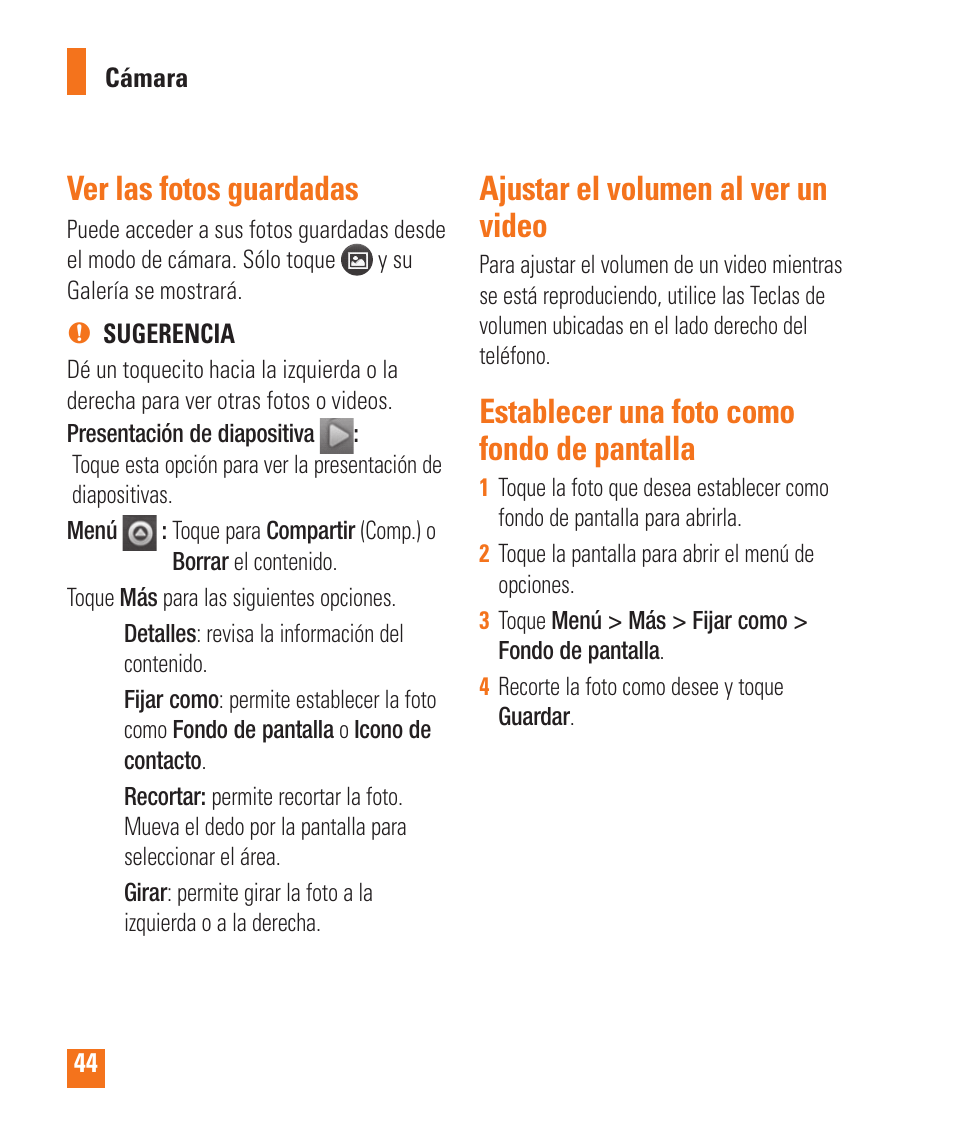 Ver las fotos guardadas, Ajustar el volumen al ver un video, Establecer una foto como fondo de pantalla | LG LGP505 User Manual | Page 142 / 198