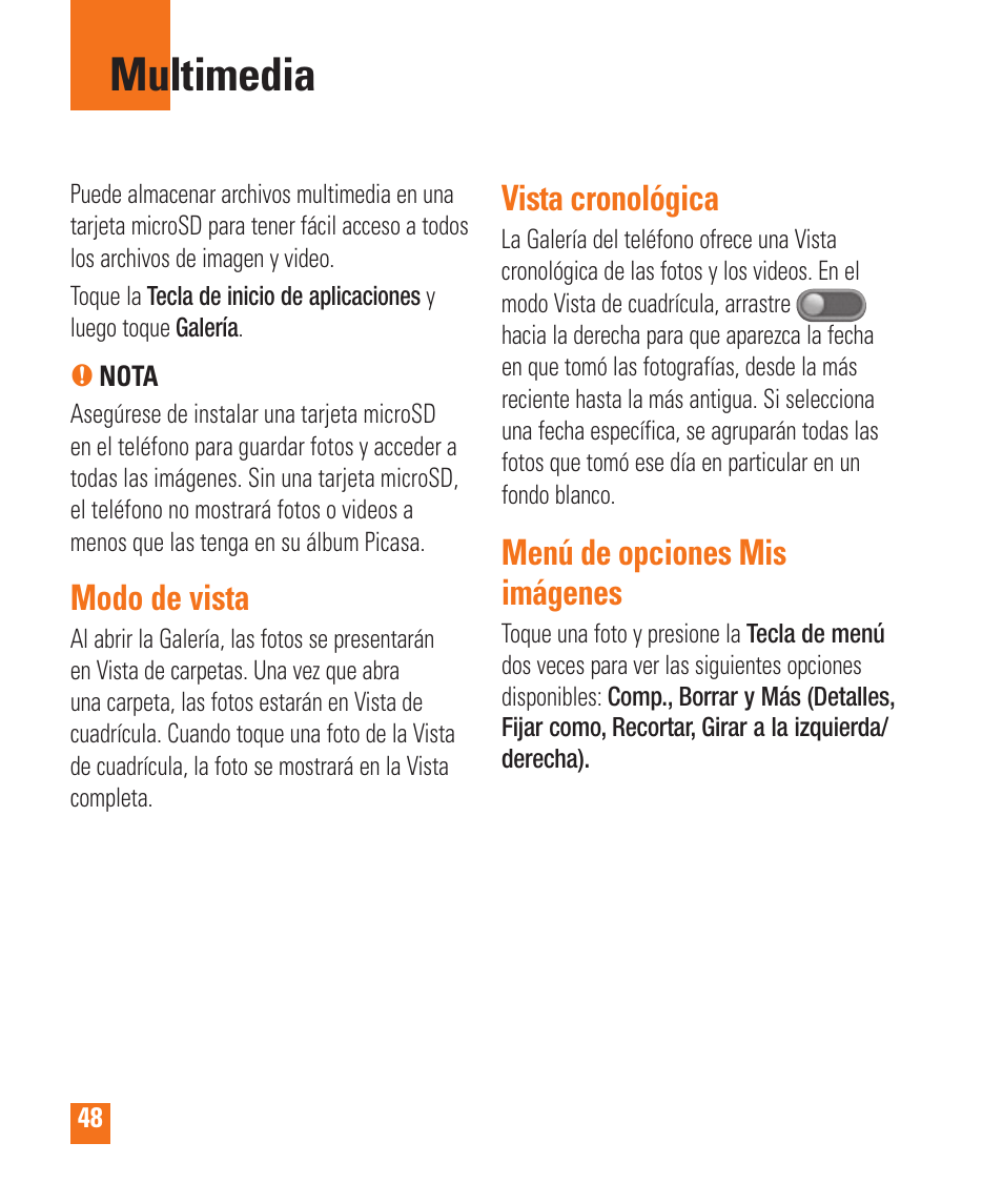 Multimedia, Modo de vista, Vista cronológica | Menú de opciones mis imágenes | LG LGP505 User Manual | Page 146 / 198