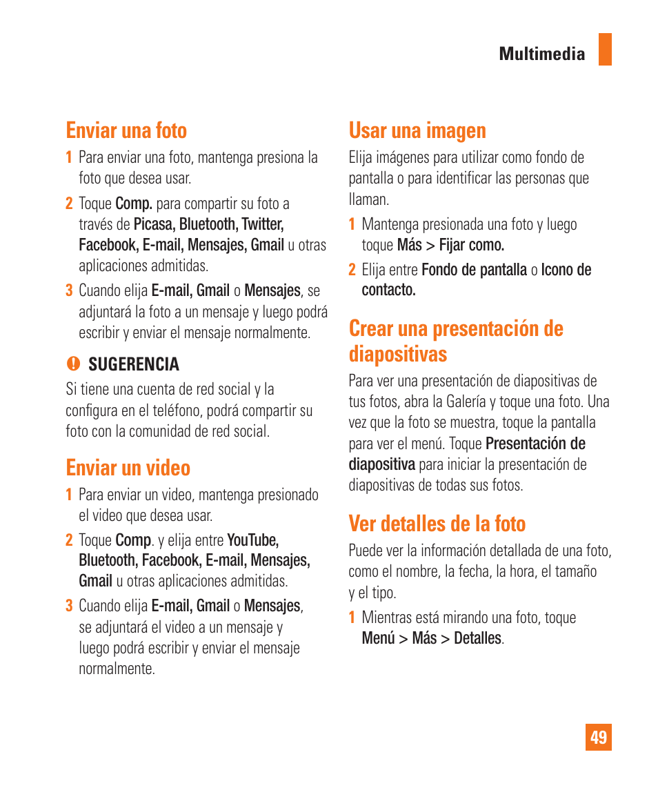 Enviar una foto, Enviar un video, Usar una imagen | Crear una presentación de diapositivas, Ver detalles de la foto | LG LGP505 User Manual | Page 147 / 198