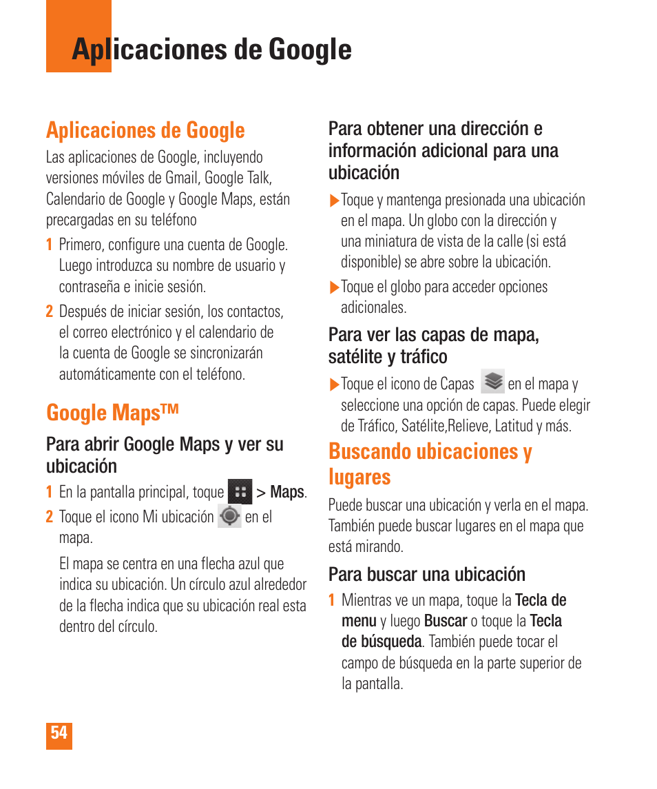 Aplicaciones de google, Google maps, Buscando ubicaciones y lugares | LG LGP505 User Manual | Page 152 / 198