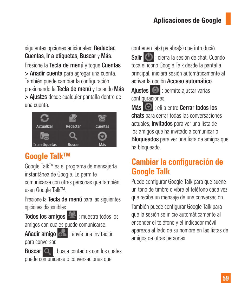 Google talk, Cambiar la configuración de google talk | LG LGP505 User Manual | Page 157 / 198