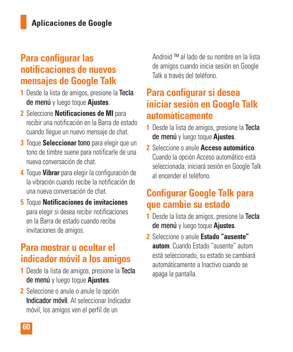 Configurar google talk para que cambie su estado | LG LGP505 User Manual | Page 158 / 198