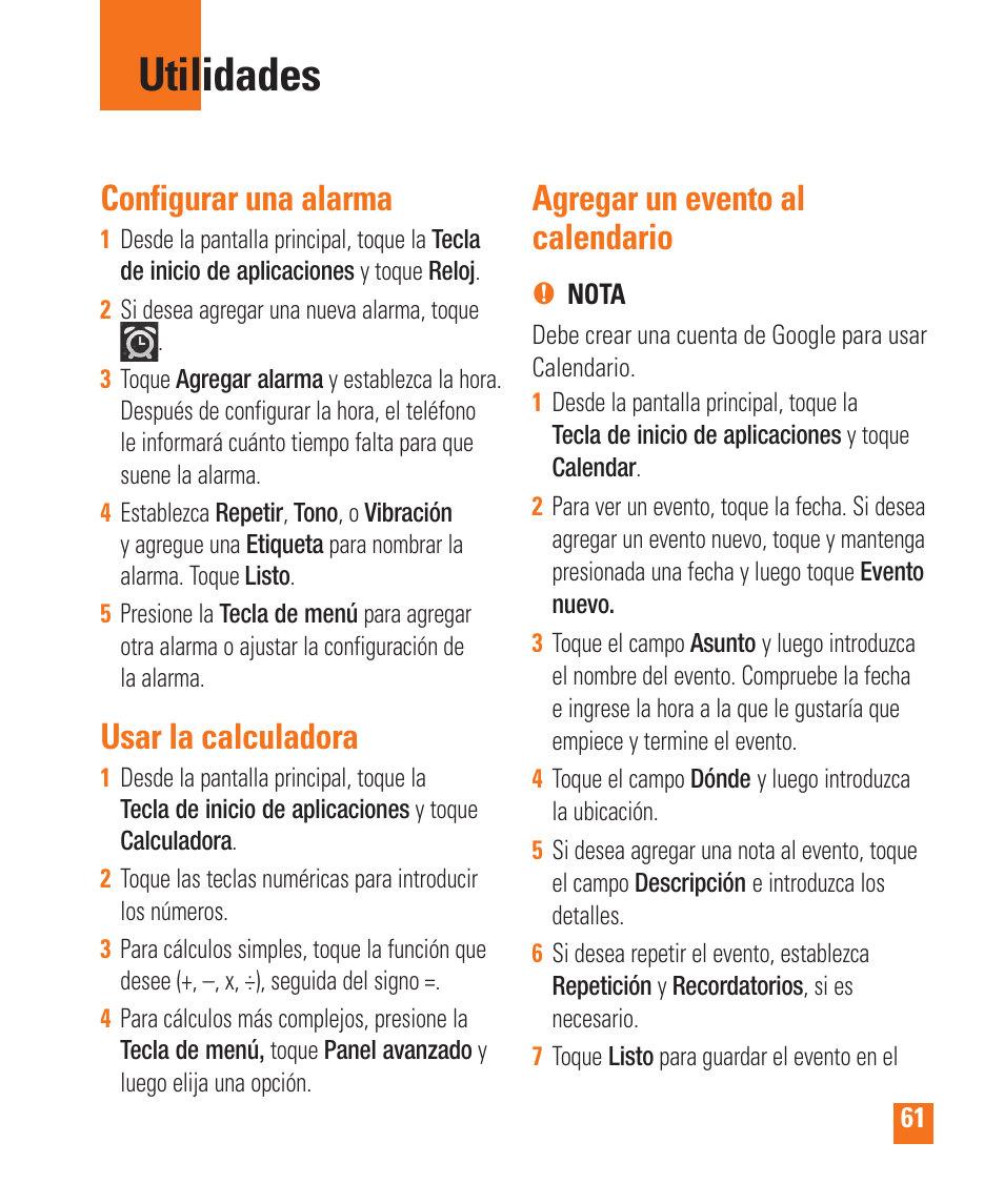 Utilidades, Configurar una alarma, Usar la calculadora | Agregar un evento al calendario | LG LGP505 User Manual | Page 159 / 198