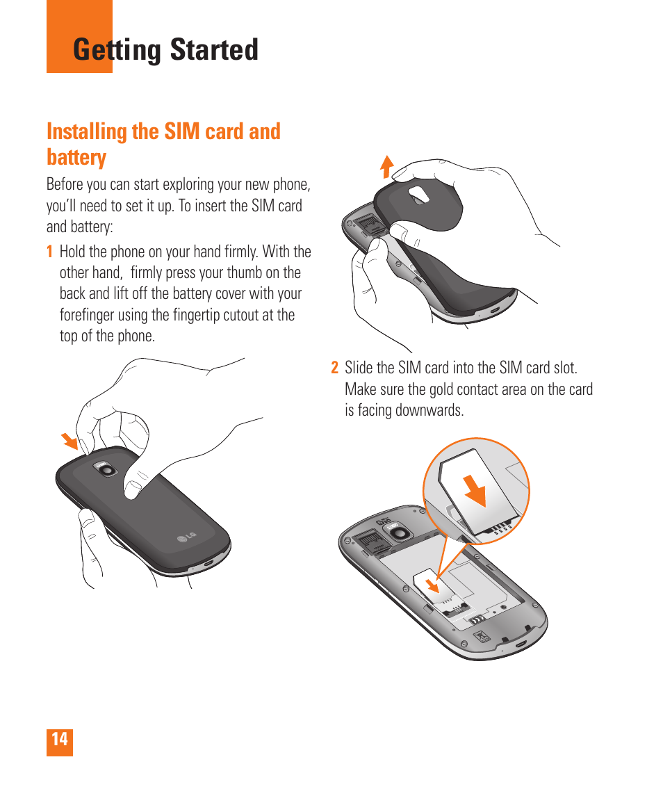 Getting started, Installing the sim card and battery | LG LGP505 User Manual | Page 16 / 198