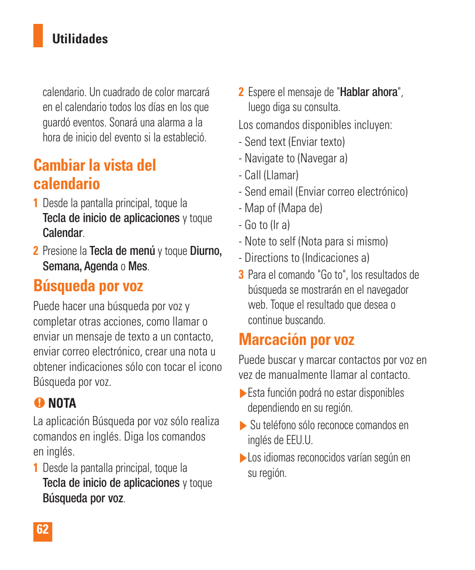 Cambiar la vista del calendario, Búsqueda por voz, Marcación por voz | LG LGP505 User Manual | Page 160 / 198