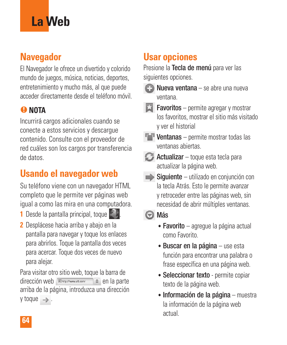 La web, Navegador, Usando el navegador web | Usar opciones | LG LGP505 User Manual | Page 162 / 198