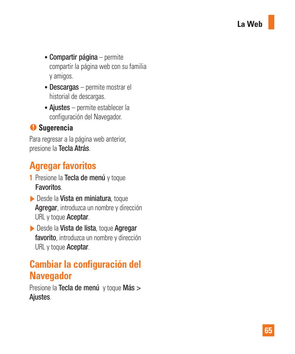 Agregar favoritos, Cambiar la configuración del navegador | LG LGP505 User Manual | Page 163 / 198