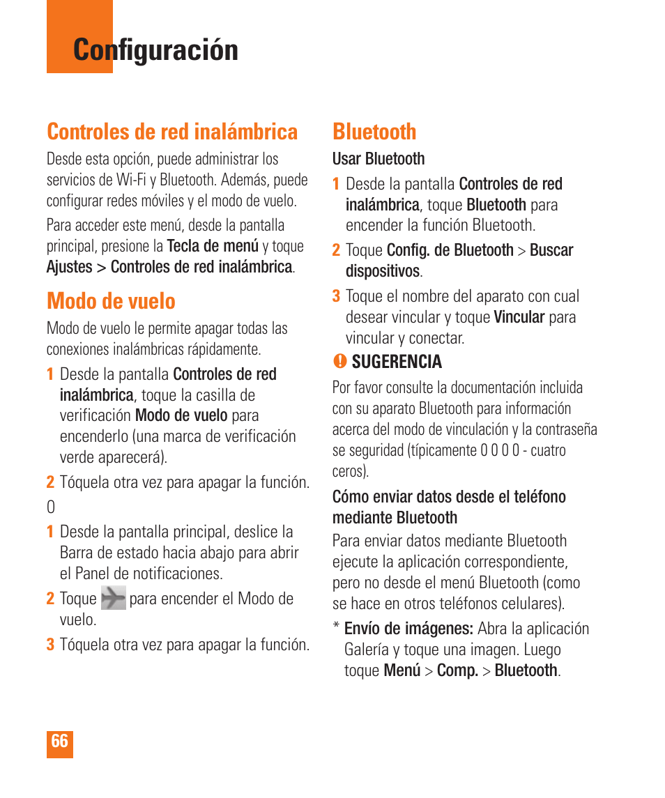 Configuración, Controles de red inalámbrica, Modo de vuelo | Bluetooth | LG LGP505 User Manual | Page 164 / 198