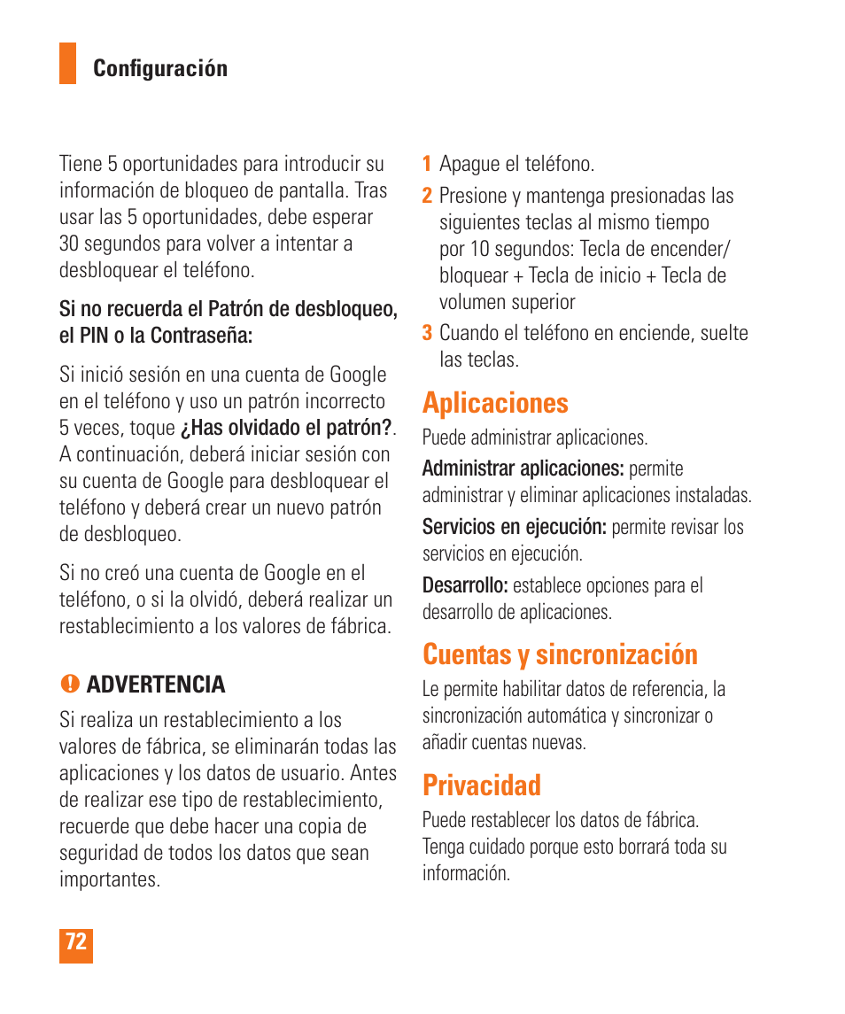 Aplicaciones, Cuentas y sincronización, Privacidad | LG LGP505 User Manual | Page 170 / 198