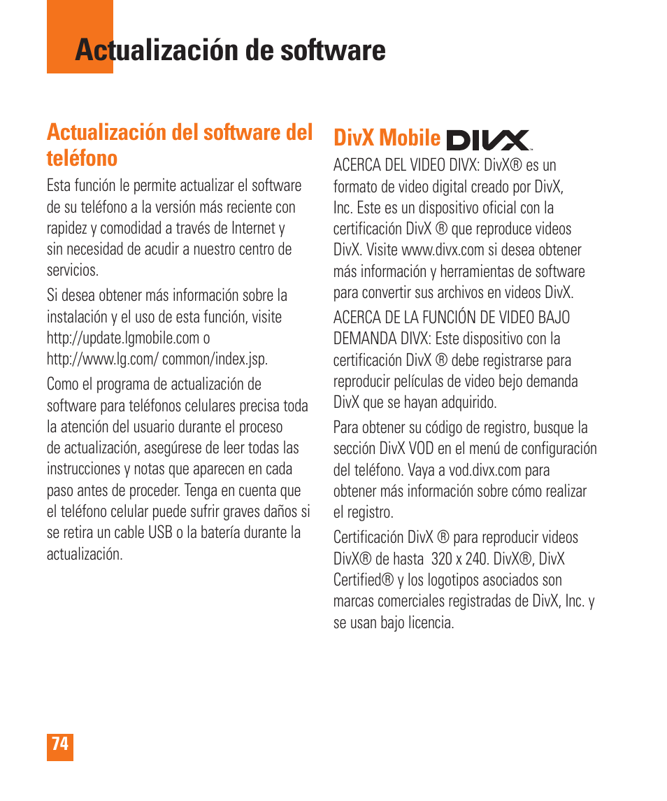 Actualización de software, Actualización del software del teléfono, Divx mobile | LG LGP505 User Manual | Page 172 / 198