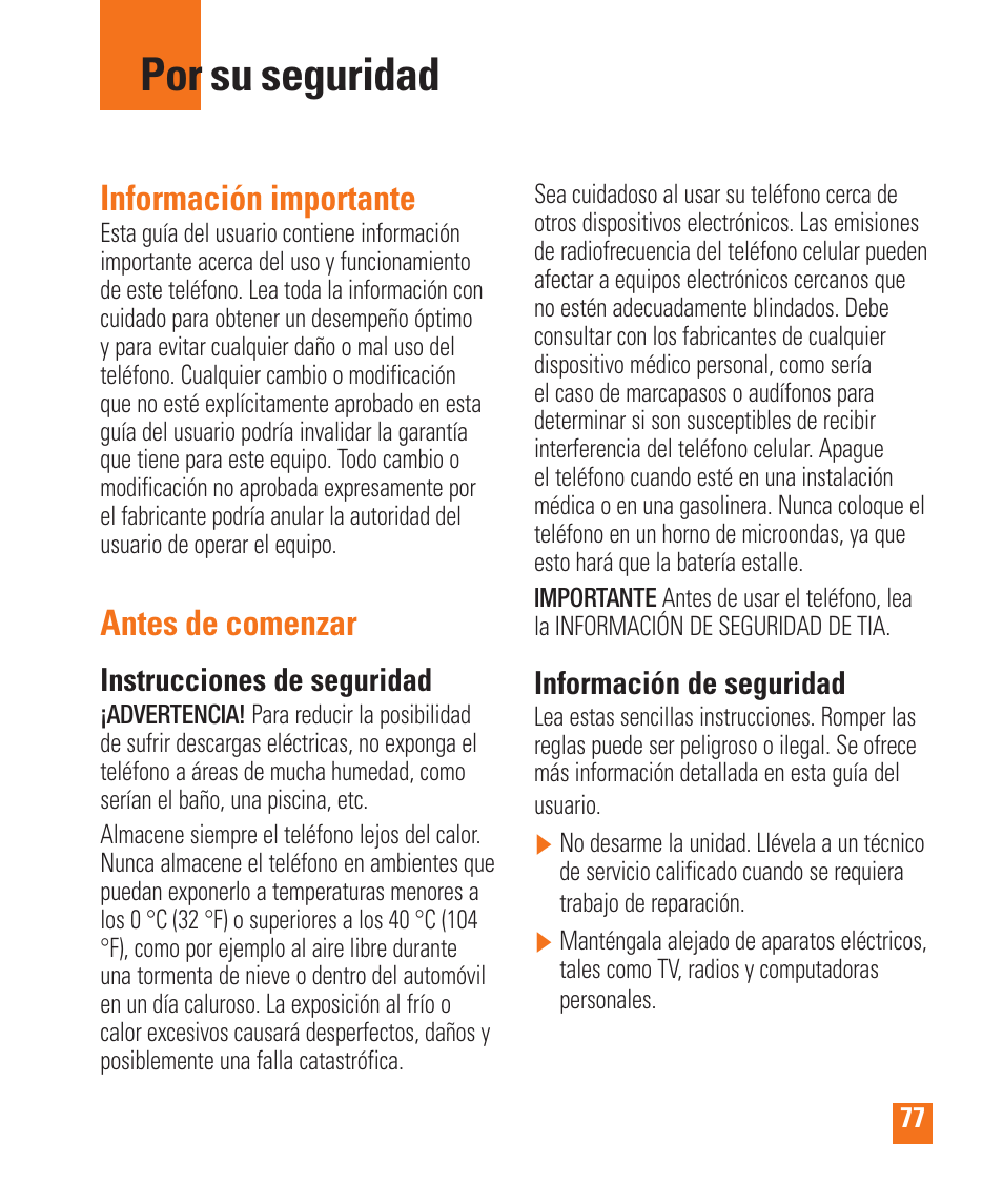 Por su seguridad, Información importante, Antes de comenzar | Instrucciones de seguridad, Información de seguridad | LG LGP505 User Manual | Page 175 / 198