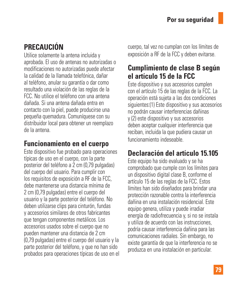 Precaución, Funcionamiento en el cuerpo | LG LGP505 User Manual | Page 177 / 198