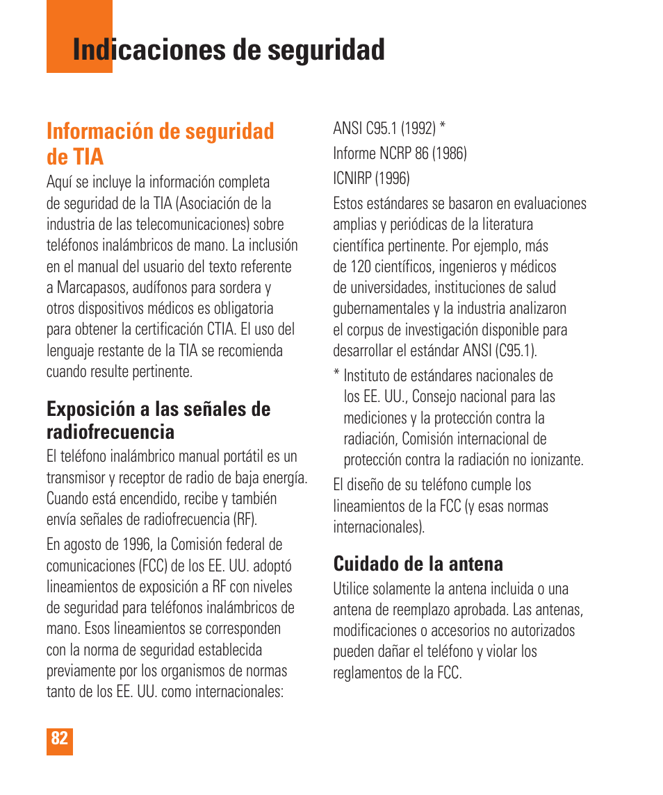 Indicaciones de seguridad, Información de seguridad de tia, Exposición a las señales de radiofrecuencia | Cuidado de la antena | LG LGP505 User Manual | Page 180 / 198